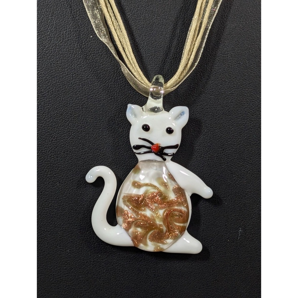 Artisan Dichroic Glass White Cat‎ Pendant Ribbon Cord Necklace 22"